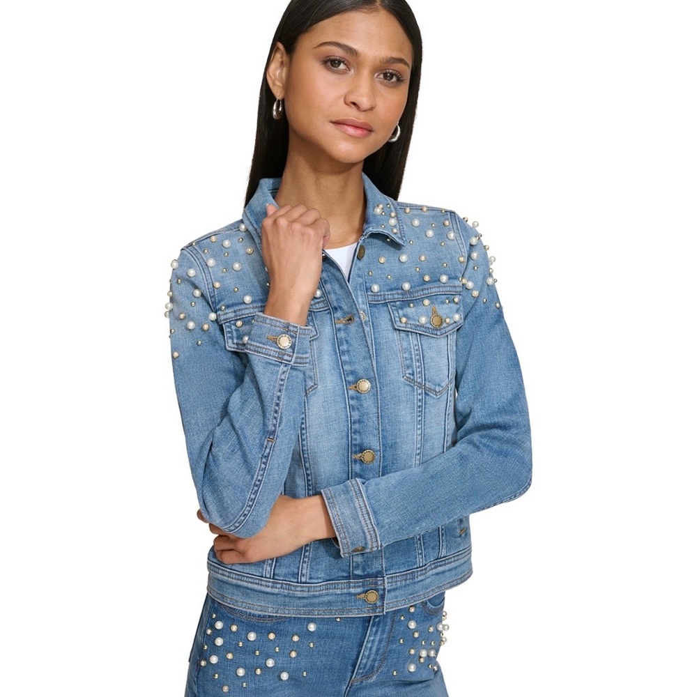 Karl Lagerfeld Blue Jean Jacket with Pearl Accents